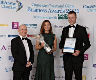 Causeway Chamber of Commerce Awards 2021 Agri Business of the Year   Highly Commended - Glenn Murray from Bank of Ireland presenting to Alison and William Chestnutt of Chestnutts Farm.  05 Chamber Awards 2021