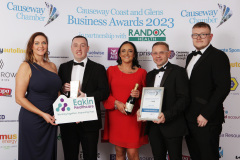 EXCELLENCE IN MARKETING AWARD going to Dominic Dysart of Fuelwise Network Ltd with Hanna Reeves, Clive Edgar and Colum McMillan presented by Andi Regan-Murphy of sponsor EAKIN HEALTHCARE at the Causeway Chamber of Commerce Awards 2023 in partnership with Randox Health held at the Lodge Hotel.     09 Chamber Awards 2023