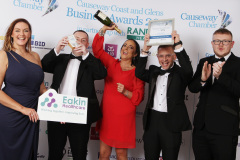 EXCELLENCE IN MARKETING AWARD going to Dominic Dysart of Fuelwise Network Ltd with Hanna Reeves, Clive Edgar and Colum McMillan presented by Andi Regan-Murphy of sponsor EAKIN HEALTHCARE at the Causeway Chamber of Commerce Awards 2023 in partnership with Randox Health held at the Lodge Hotel.    10 Chamber Awards 2023