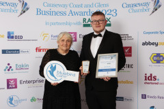 BEST YOUNG PERSON IN BUSINESS Award goes to Colum McMillan sponsored by Sue MacLaughlin of BLUEBIRD CARE COLERAINE at the Causeway Chamber of Commerce Awards 2023 ceremony in partnership with Randox Health held at the Lodge Hotel.     11 Chamber Awards 2023