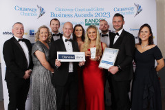 BUSINESS GROWTH AWARD goes to David Hanna with staff of Maine Surface Finishing Ltd presented by Peter Houston of sponsor DANSKE BANK at the Causeway Chamber of Commerce Awards 2023 in partnership with Randox Health held at the Lodge Hotel.     13 Chamber Awards 2023