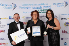 SOCIAL IMPACT AWARD goes to Janet Schofield of Compass Advocacy Network presented by sponsor Clive Edgar of Fuelwise  and Jayne Taggart CEO of Enterprise Causeway at the Causeway Chamber of Commerce Awards 2023 ceremony in partnership with Randox Health held at the Lodge Hotel.    26 Chamber Awards 2023