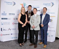 Chamber CEO  Karen Yates with Mayor Ciaran McQuillan CCGBC, Chamber President  James Kilgore and Chamber Vice President Steven Frazer at the Causeway Chamber of Commerce CC&G People Awards 2024 in partnership with Go Succeed (NI Business Support) held at the Lodge Hotel.      02 Chamber Awards Formal pics