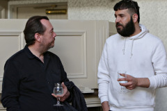 Green candidate Mark Coulson with Portrush's Matt Sincar of Bear Men Barbers at the Causeway Chamber's Pre Party Election debate.   08 Pre Party Election Debate 2022