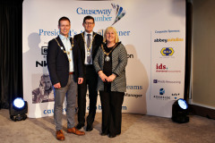 James Kilgore, President Causeway Chamber with Greg McCann, President Londonderry Chamber and Deputy Mayor, Councillor Margaret Anne McKillop at the Lodge Hotel for the Presidents Dinner held in partnership with Briggs Equipment NW 200 and sponsored by Hutchinson.   12 Presidents Dinner 2024