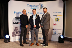 James Kilgore, President Causeway Chamber, Mark Hutchinson, Managing Director Hutchinson withHavier Beltran, Honda Team Manager at the Lodge Hotel for the Presidents Dinner held in partnership with Briggs Equipment NW200 and sponsored by Hutchinson.    14 Presidents Dinner 2024