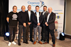 James Kilgore, President Causeway Chamber pictured with l-r John McGuinness MBE, Havier Beltran, Honda Team Manager, Gary Clements, Executive Director Briggs Equipment Hire, Mark Hutchinson, Managing Director Hutchinson and Mervyn Whyte MBE, NW200 at the Lodge Hotel for the Presidents Dinner held in partnership with Briggs Equipment NW200 and sponsored by Hutchinson.     15 Presidents Dinner 2024