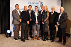 Top table guests of James Kilgore, President Causeway Chamber are l-r Mark Hutchinson, Managing Director Hutchinson, Havier Beltran, Honda Team Manager, Greg McCann, President Londonderry Chamber, James Kilgore, President Causeway Chamber, Mark Nodder, Makers Alliance, Karen Yates, CEO Causeway Chamber, Paul Bartholomew, Vice Chancellor Ulster University and Mervyn Whyte MBE, NW200 at the Lodge Hotel for the Presidents Dinner held in partnership with Briggs Equipment NW200 and sponsored by Hutchinson.      18 Presidents Dinner 2024