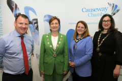 Along with Causeway Chamber of Commerce President Anne-Maire McGoldrick are, from other Chambers, Tony McKeown CEO of Newry Chamber, Gillian McAuley President of the N.I. Chamber and from Derry Chamber Selina Horshi attending  the Causeway Chamber of Commerce Presidents Lunch held at the Lodge Hotel.      22 Presidents Lunch