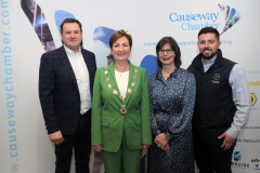 With Causeway Chamber of Commerce President Anne-Maire McGoldrick are the panel Jonathon Hanna of Terex, Vivienne Gilholm of C&V Developments and Mark McGillion of Triex at the Causeway Chamber of Commerce Presidents Lunch held at the Lodge Hotel.      24 Presidents Lunch