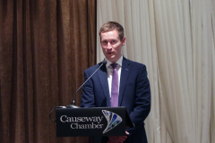 James Kilgore from the Danske Bank introducing the panelists for the Q&A session at the Causeway Chamber of Commerce Presidents Lunch held at the Lodge Hotel.      38 Presidents Lunch